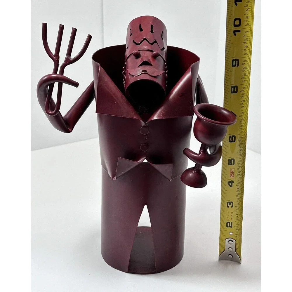 Metal Wine Bottle Holder Waiter Wearing Hat‎ & Tux Ready to Serve , Deep Maroon